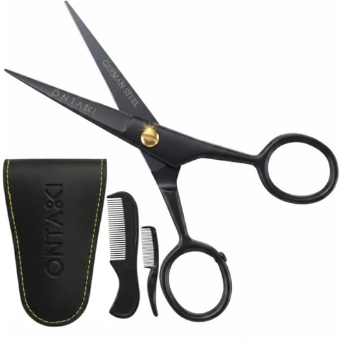 Ontaki ONTAKI 5" Beard Moustache Scissors Professional German Steel 2 Comb Carrying Pouch Mustache Trimming - Hand Forged Bevel Edge Precision Men Facial Hair Grooming Kit All Body Hair Black