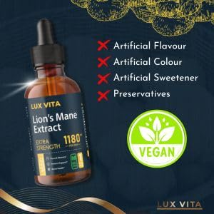 Lux Vita Organic Mushroom Lions Mane Supplement 1180mg Vegan and Non-GMO Extra Strength Liquid Drops for Brain Booster, Immune Support and Nerve Health