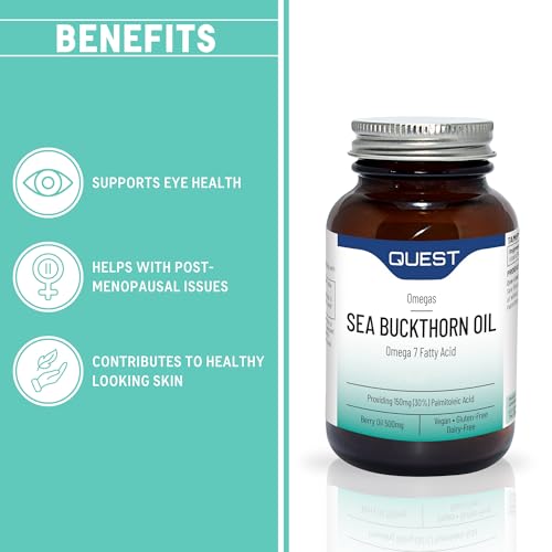 Quest Sea Buckthorn Oil Omega 3, 6 & 7, Berry Oil & Palmitoleic Acid Supplement. Supports Skin & Eye Health Plus Post Menopause Dryness. Vegan Omega Anti-Inflammatory Supplement Tablets (120 Capsules)