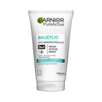 Garnier Pure Active 3in1 Clay Mask-Wash-Scrub 150ml, With Clay, Salicylic Acid, and Niacinamide, Face Cleanser For Oily Skin Prone to Blemishes, Eliminate Impurities & Reduce Pores