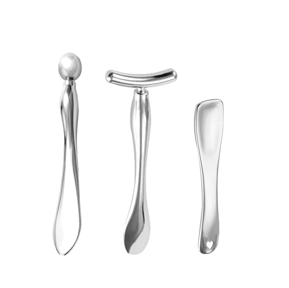 OHEETU 3Pcs Silver Metal Eye and Face Cream Applicators Makeup Cream Spoon Roller Stick T-Shaped Eyes Facial Massager Sticks Cosmetic Skin Care Tools