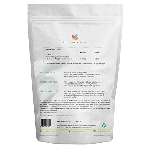 Iodine 150mcg 500 Tablets | Max Strength Potassium Iodine | Pregnancy Health & Thyroid Supplement | Vegan UK Made | GMP Approved | Soul Nutrients