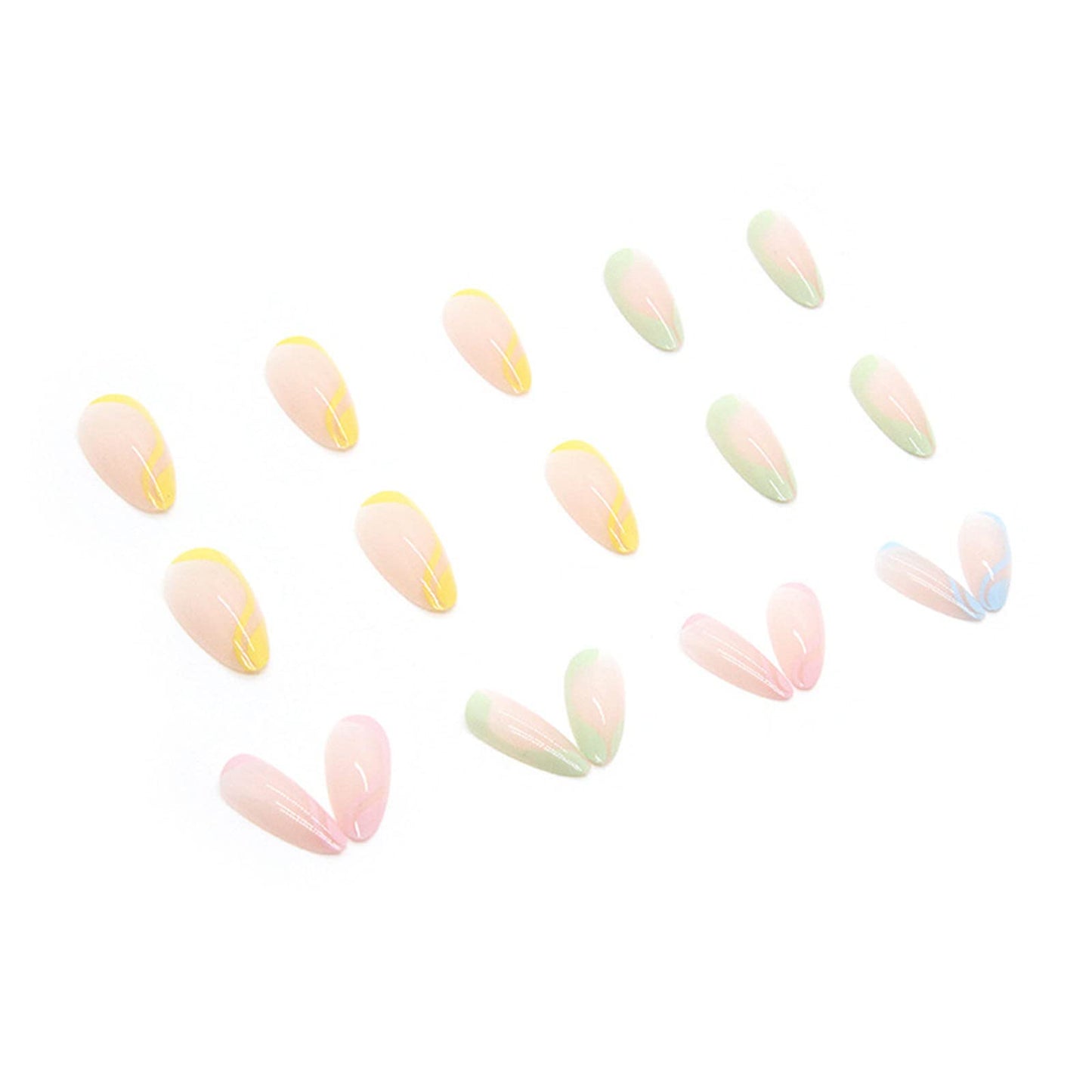 JUSTOTRY 24 Pcs Rainbow Almond Short False Nails,French Tip Press on Nails with Wavy Pattern,Pastel Fake Nails Medium,Oval Stick on Nails for Women Nails Art