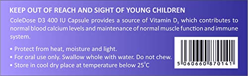 Vitamin D 400 IU –Equivalent to 10 mcg - ColeDose D3, Premium Vitamin - 30 Capsules- One a Day