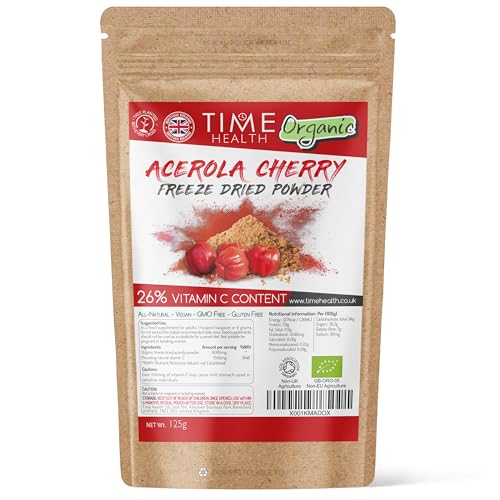 Time Health Organic Acerola Cherry - Freeze Dried Powder - Natural & Wholefood - 26% Vitamin C - 44:1 Extract Ratio (125g Powder Pouch)