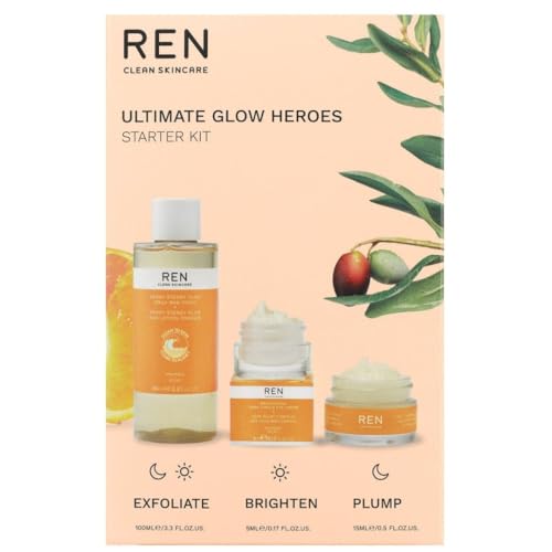 REN Clean Skincare REN Radiance Ultimate Glow Heroes Starter Kit, Ready Steady Glow Daily AHA Tonic 100ml, Dark Circle Eye Cream 5ml, Glow Daily Vitamin C Gel Cream 15ml, Gift Set