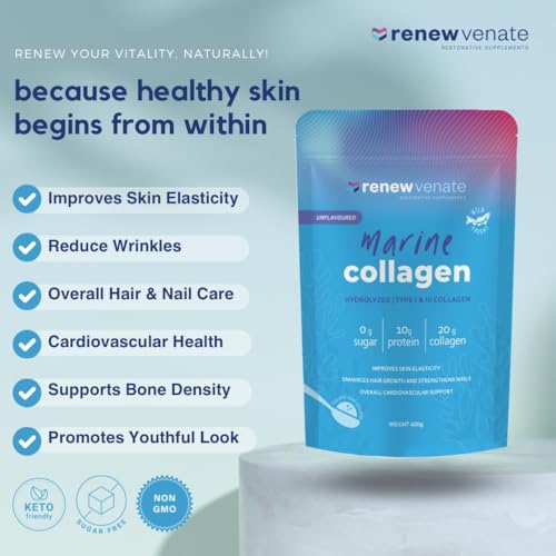 RenewVenate Marine Collagen Powder – Premium Hydrolyzed Peptides for Radiant Skin, Hair, Nails & Joint Health – Non-GMO, Gluten-Free, Keto-Friendly 400g