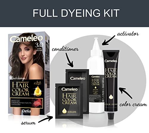 Delia Cosmetics Cameleo - Permanent Hair Colour Cream - Dark Brown - Intensive Color & Protection - 5 Oils + Omega Plus Acids - Professional, Luxurious Hair Dye - Full Kit