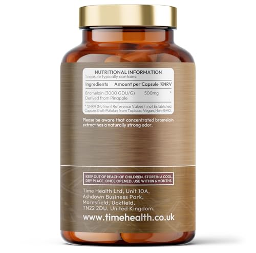 Time Health Bromelain Capsules - High Strength 3000 GDU - Highly Dosed 500mg per Capsule - Naturally Derived from Pineapple - UK Made - Zero Additives - Vegan - Pullulan - 120 Capsules