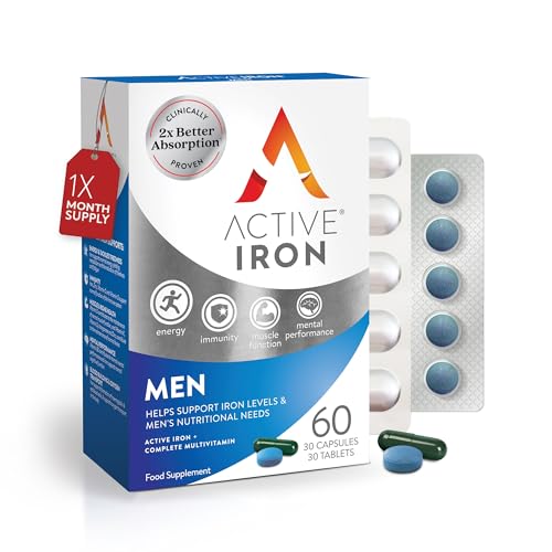 Solvotrin Active Iron Supplement 14 mg + Multivitamin for Men – Clinically Proven to Increase Energy & Reduce Tiredness – Gentle, Non-Constipating Iron + Men’s Multivitamin – 30 Capsules + 30 Tablets