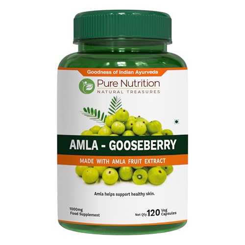 PURE NUTRITION NATURAL TREASURES Pure Nutrition Amla Capsules (Indian Gooseberry) 1000 mg per Serving | 120 Veg Capsules | Amla Fruit Extract 500 mg + Powder 500 mg | Standardized Extract | Non-GMO Herbal Supplement