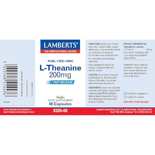 Lamberts L-Theanine Capsules – 200mg Pure L-Theanine from Green Tea – Suitable for Vegans– 60 Vegan Capsules
