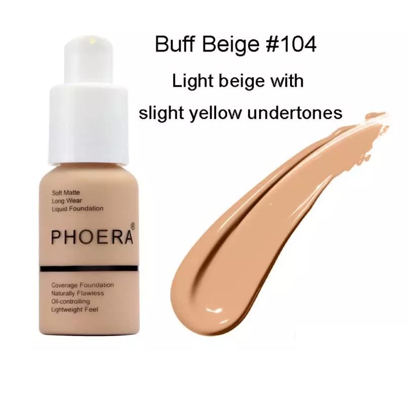 Phoera® Full Coverage Foundation, Primer, Setting Powder and MISKEEN Makeup Brush Soft Matte Oil Control Concealer 30ml Long Lasting Flawless Cream Smooth Aquapurity (104 BUFF BEIGE)