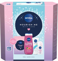Swiss+ NIVEA Nourish Me With Love Gift Set – Feel Good Skin Bundle with 8 Affirmation Cards – Grapefruit Shower Gel 250ml, Roll-On Anti-Perspirant 50ml, Soft Moisturising Cream 75ml