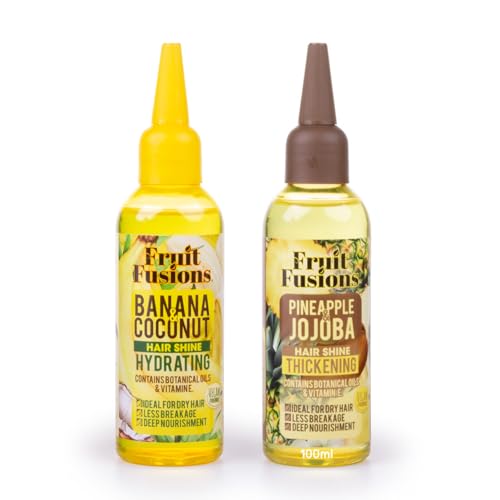 Fruit Fusions Hair Oil Set, Banana Coconut Hydrating and Pineapple Jojoba Thickening, 100ml, for Dry Hair