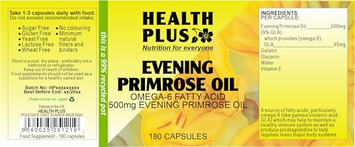 Health Plus Evening Primrose Oil 500mg Omega-6 Supplement - 180 Capsules