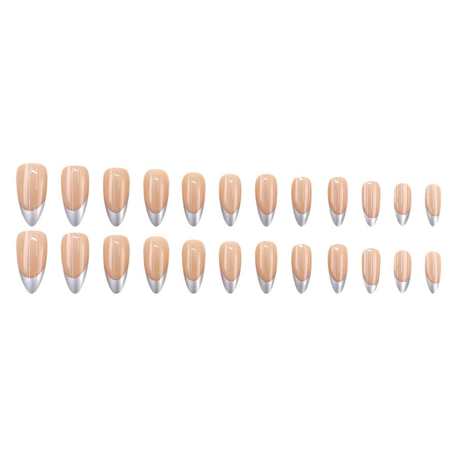 mgmxbsth Mgmxbsth 24Pcs Almond Fake Nails,Sliver Press on Nails,Frech Style Glossy Fake Nails, Stick on Nails with Designs Stick for Women and Girls (Casual)