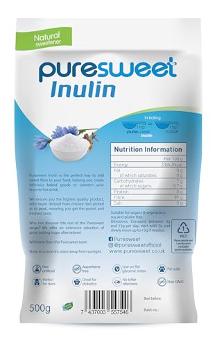 Puresweet® Premium Inulin Prebiotic Fibre Powder 500g - Chicory Root, 100% Pure Inulin, Highly Soluble, Made in The EU, Fructo Oligosaccharide (FOS), Gluten Free, Vegan.