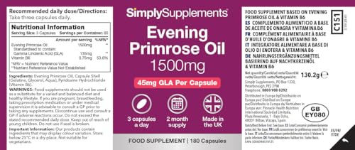 Simply Supplements Evening Primrose Oil 500mg | 180 Capsules | Cold Pressed Soft Gel Capsules | Contains Rich Concentrations of Gamma Linolenic Acid (GLA)
