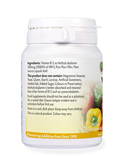 Vitamin B12 Methylcobalamin 500mcg 180 Capsules, Magnesium Stearate Free & No Nasties, B12 contributes to The Reduction of Tiredness and Fatigue, Normal Function of The Immune System, Made in UK