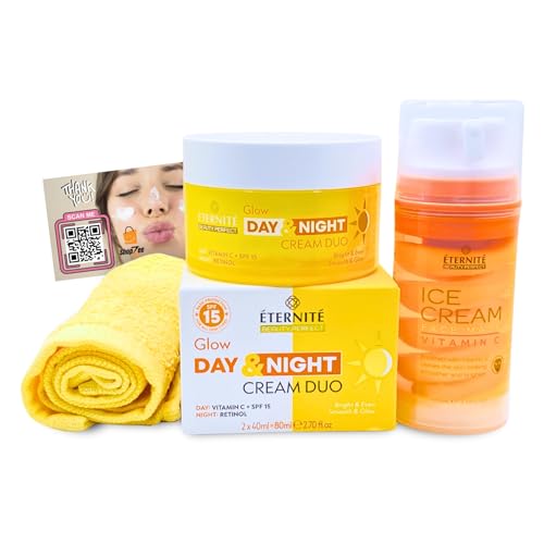 ShopZee Trading Ltd Eternite Skincare Set with Cotton Face Cloth – Day & Night Cream Duo 80ml with Retinol & SPF 15, Face Mask 105ml with Vitamin C, Niacinamide or Hyaluronic Acid, for Hydrated & Radiant Skin (Glow)