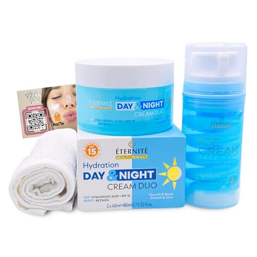 ShopZee Trading Ltd Eternite Skincare Set with Cotton Face Cloth – Day & Night Cream Duo 80ml with Retinol & SPF 15, Face Mask 105ml with Vitamin C, Niacinamide or Hyaluronic Acid, for Hydrated & Radiant Skin (Hydration)