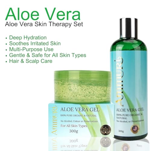Ammuri Organic Aloe Vera Gel Set - 2 Pack: 300ml Bottle & Jar - 100% Pure Aloe for Skin & Hair Care - Non-Sticky & Fast Absorbing - Multi-Purpose Hydration
