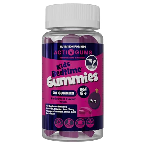 Activ Gums Kids Bedtime 30 Vegan Gummies. Blackcurrant Flavour. for Sleep & Improved Rest. Vitamin B6 with L-Theanine, Montmorency Cherry and Essential Oils. Melatonin & 5-HTP Free. for Ages 5+ by ActivGums®