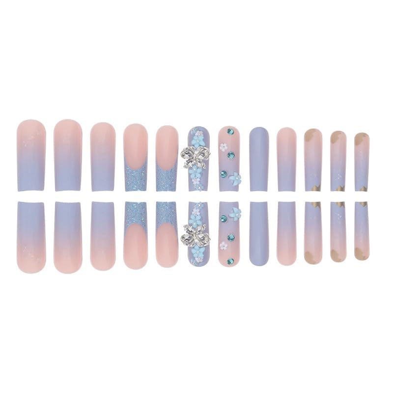 Maggidea Square False Nails, Blue Acrylic Nails, 24pcs Extra Long Butterfly Nails with Glue