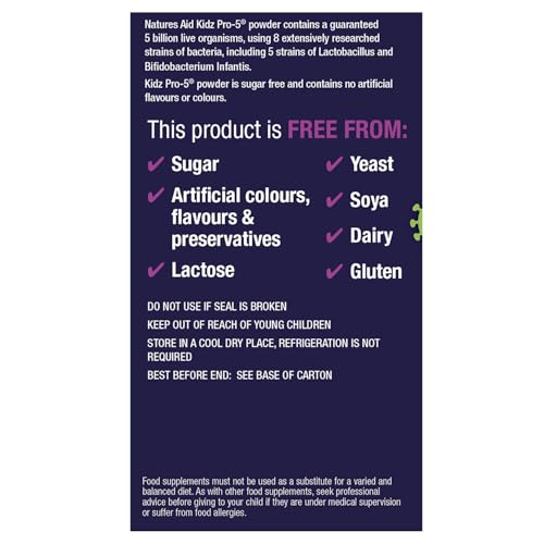 Natures Aid Bio360 Kidz Pro-5 Daily Microbiotic Powder 90g for Children 12 Months to 12 Years - 5 Billion Friendly Bacteria - Sugar Free Vegan Non-GMO Gluten-Free