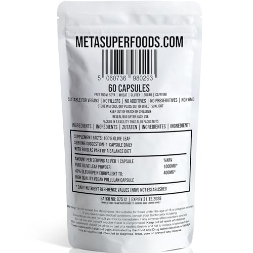 MetaSuperfoods Olive Leaf | 60 Capsules | Super Strength | OLEUROPEIN 40% | (1000mg per Capsule Equivalent to 10,000mg) | Vegan | NO FILLERS NO Binders | Non GMO | 100% Olive Leaf (60)