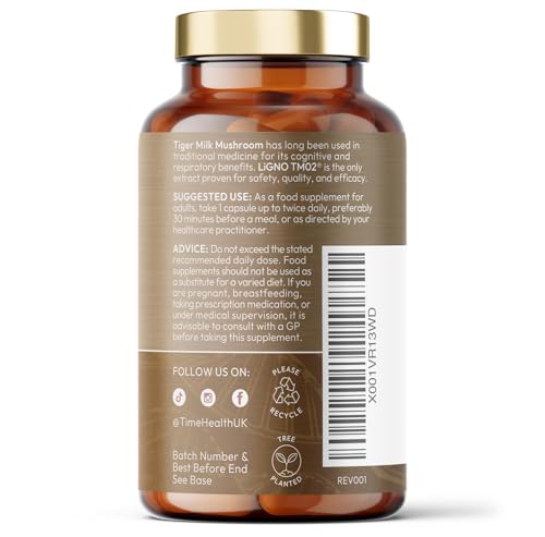 Tiger Milk Mushroom - 120 Capsules - 450mg Extract - LiGNO TM02® - >30% Polysaccharides - Lignosus rhinocerus - GMP - Vegan Supplement - No Synthetic Additives - Time Health