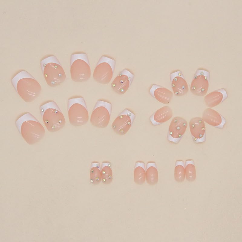 JUSTOTRY 24 Pcs False Nails Short with Diamond Pattern,Milky White French Square Press on Nails,Glossy Fake Nails Medium for Nails Art,Pretty Squoval Stick on Nails for Women Gifts