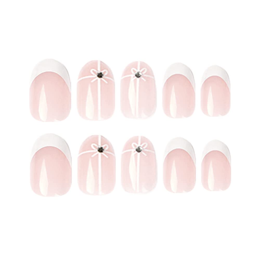 Albiuev 24PCS Short False Nails with Glue Stickers,Almond Full Cover Acrylic Press on Nails no Glue, White Simple Flower French Fake Nails for Women and Girls Nail Art.