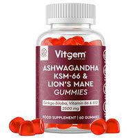 Vitgem 60 Chews KSM-66 Ashwagandha and Lions Mane Gummies for Adults – Sugar-Free Natural Nootropic for Focus, Memory & Stress Relief – Vegan Berry Flavor – Cognitive & Cortisol Balance Supplement