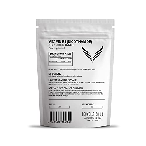 Vitamin B3 Powder Nicotinamide REDWELLS Non Flush Powder GMO Free - 500g Pack