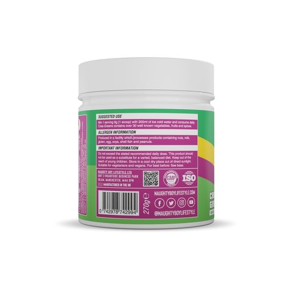 Naughty Boy Crea-Greens Powder, Creatine, Super Greens and Electrolytes. Boosts Performance, Health, Immune System and Hydration. Amazing Taste, Suitable for All Adults 270g (Passion Fruit)