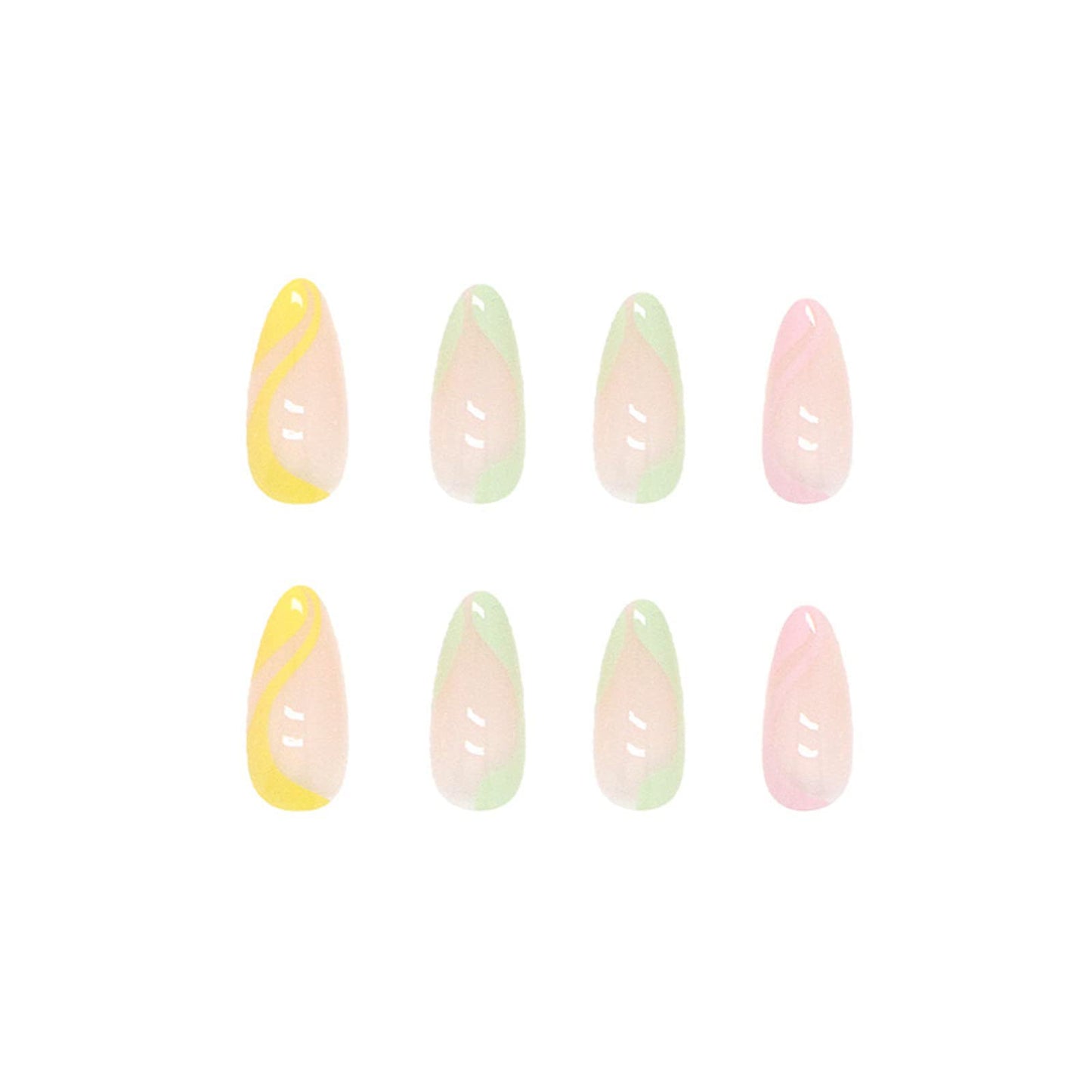 JUSTOTRY 24 Pcs Rainbow Almond Short False Nails,French Tip Press on Nails with Wavy Pattern,Pastel Fake Nails Medium,Oval Stick on Nails for Women Nails Art