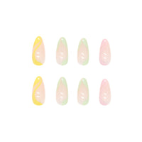 JUSTOTRY 24 Pcs Rainbow Almond Short False Nails,French Tip Press on Nails with Wavy Pattern,Pastel Fake Nails Medium,Oval Stick on Nails for Women Nails Art