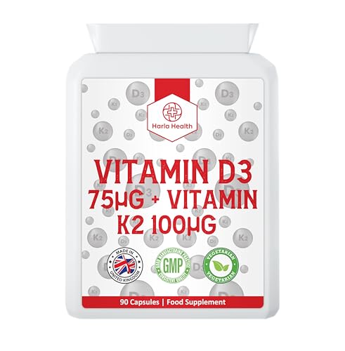 Harla Health Vitamin D3 3000 IU and Vitamin K2 100ug MK7-90 Capsules - Suitable for Vegetarians - Made in The UK - GMP Codes of Practice
