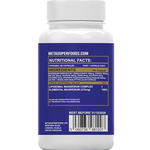 MetaSuperfoods Magnesium 8 in 1 Complex 2000mg | 4 Month Supply | Full Spectrum Elemental Mg Supplement | 120 High Strength Vegan Capsules | 8 in 1 Bioavailable Magnesium | 1 A Day | Gluten Free, UK Company
