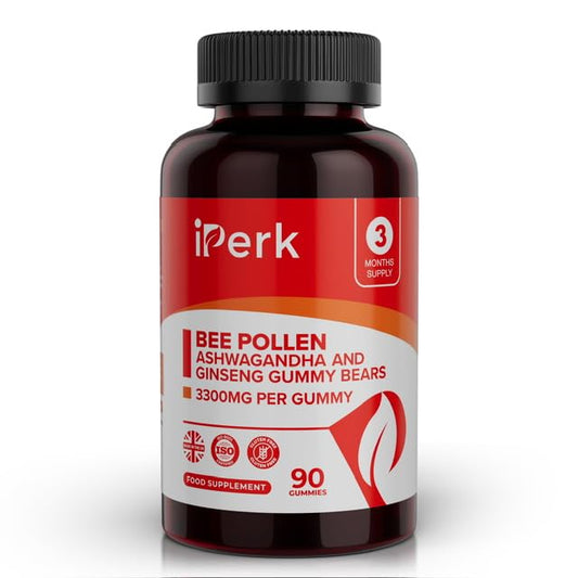 iperk iPerk Bee Pollen, Ashwagandha & Ginseng Gummy Bears – 3300mg Formula | 90 Gummies | 3-Month Supply | Made in The UK | Halal Beef Gelatin | Natural Daily Support