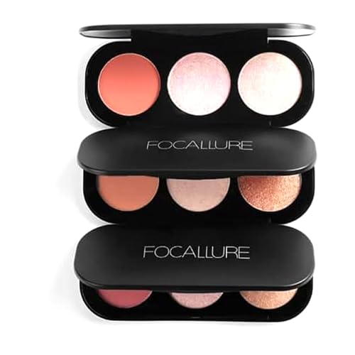 Focallure Highlighter Palette, FOCALLURE 3 Colors Blusher Highlighter Palette Face Natural Contour Cheek Blush Complexion Highlighting Illuminating Palette Makeup Beauty Cosmetics(3#)