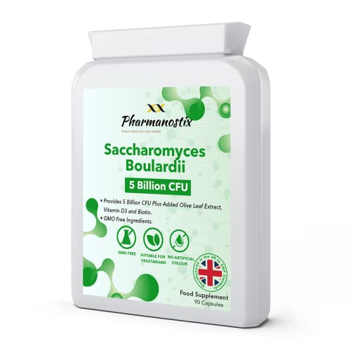 Pharmanostix Saccharomyces Boulardii Supplement 90 Capsules, High Strength, 5 Billion cfu Organisms, No Refrigeration Required, Non-Colonising Yeast with Added Olive Leaf, Biotin and Vitamin D, UK Manufactured