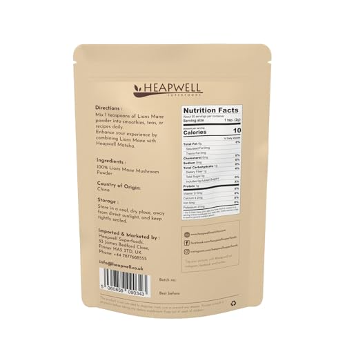 Heapwell Superfoods Lions Mane Powder 100g – High Spectrum Lion's Mane Mushroom Supplement for Cognitive Support, Immune Boost, and Mental Clarity
