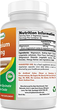 Best Naturals Magnesium 425 mg 180 Veggie Capsules - High Absorption Magnesium Glycinate & Magnesium Oxide Chelated, Non-GMO, Gluten Free Muscle Relax (180 Count (Pack of 2))