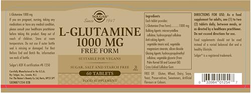Solgar L-Glutamine 1000 mg Tablets - Pack of 60 - Supports Muscle Function - for Active Lifestyles - Great Addition to Whey Powder - Vegan