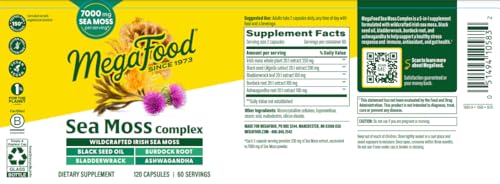 MegaFood Sea Moss Complex - Irish Sea Moss 7000mg Per Serving Plus Black Seed Oil, Burdock Root, Bladderwrack & Ashwagandha - Vegan Gut Health & Immune Support Supplement, 120 Capsules, 60 Servings
