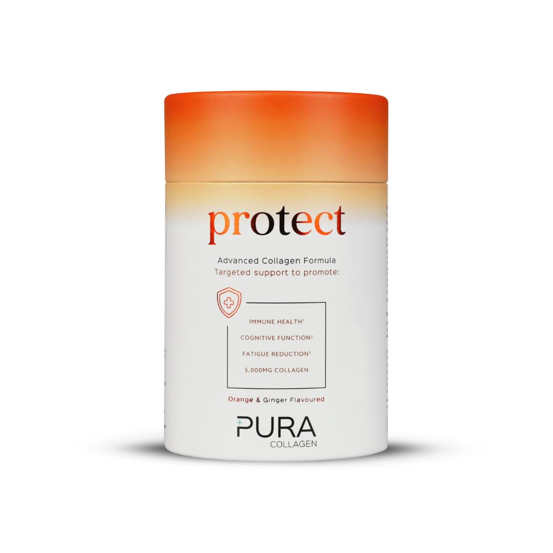 Pura Collagen Protect Collagen Powder | 5,000mg Bovine Collagen Peptides with Vitamin C, D3, B12, Zinc & Iron | Immune Support with Ginger Root Extract – 28 Servings, 284g