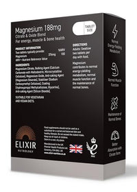 ELIXIR NUTROLOGY Magnesium 188mg - 30 Tablets, Supports Energy Metabolism, Muscle Function & Bone Health - Vegetarian & Vegan Friendly - Magnesium Citrate and Oxide. Made in The UK